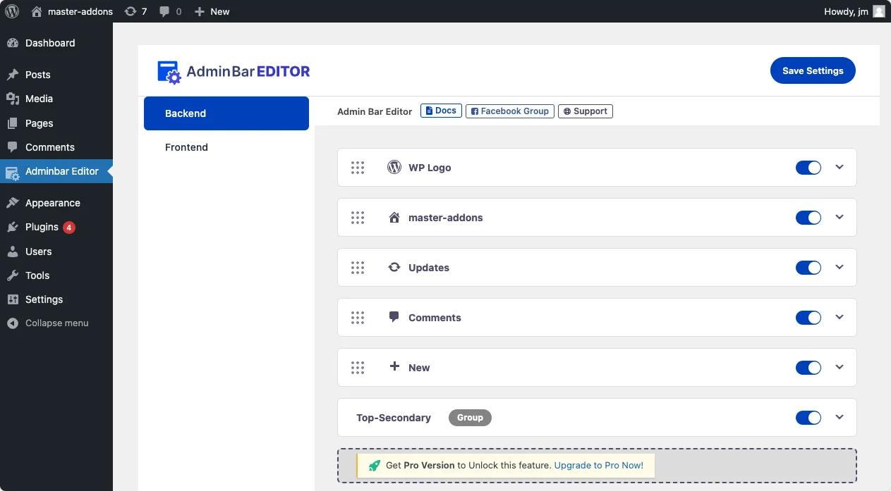 Admin Bar Editor plugin options panel