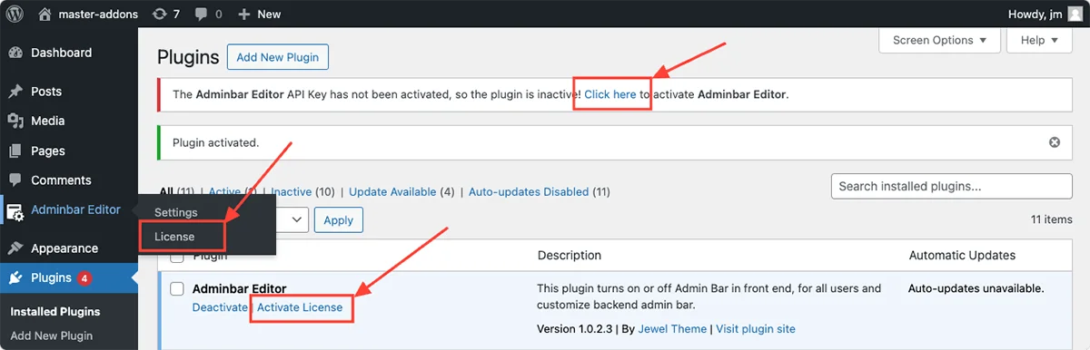 Active your license key of Admin Bar Editor